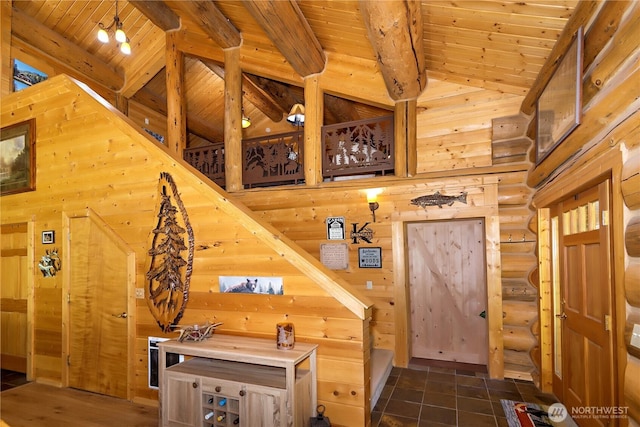 18680 US Highway 2, Lake Wenatchee, WA 98826 - stairway with wood ceiling with exposed beams, high vaulted ceiling, and wooden walls
