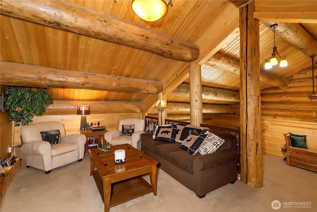 18680 US Highway 2, Lake Wenatchee, WA 98826 - carpeted living room with wooden ceiling with exposed beams and rustic walls