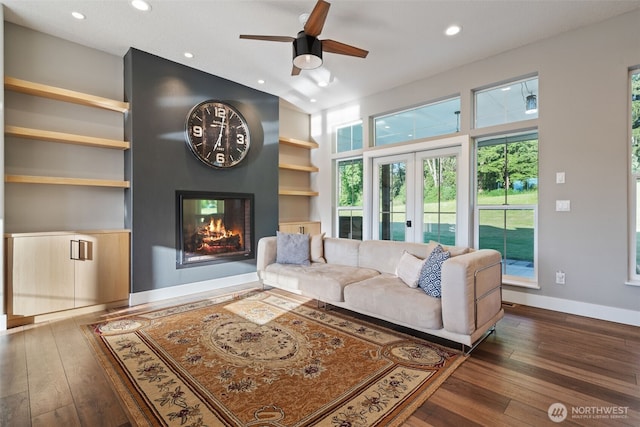 19428 NE 259th St S, Battle Ground, WA 98604 - living room featuring a multi sided fireplace, wood-type flooring, ceiling fan, recessed lighting, and built in features