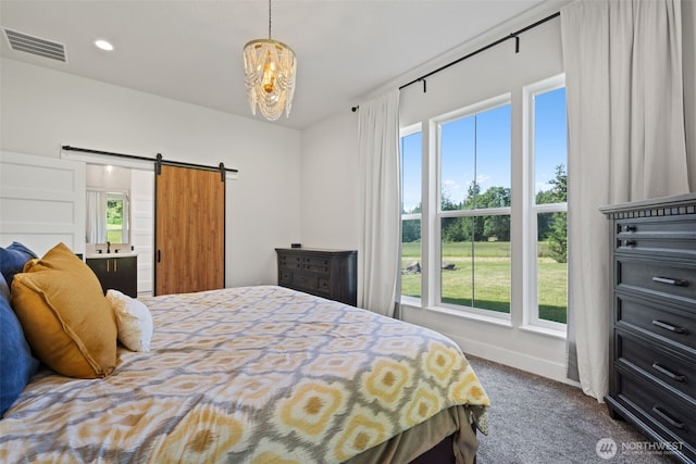19428 NE 259th St S, Battle Ground, WA 98604 - bedroom featuring a barn door, multiple windows, carpet floors, a chandelier, and recessed lighting