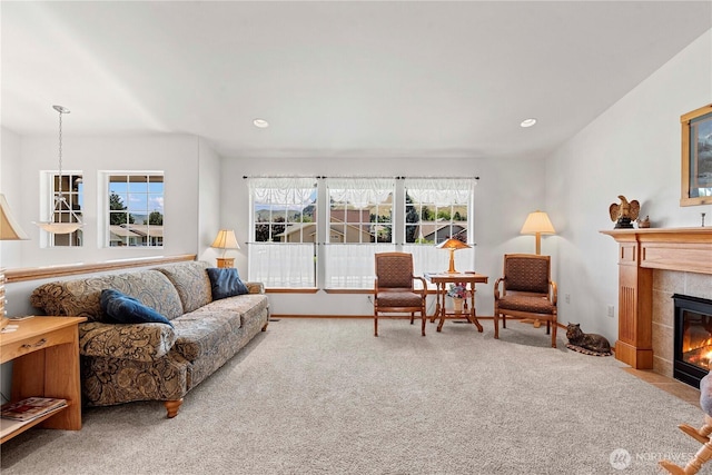 1600 Brandi Ct, Wenatchee, WA 98801 - living area featuring carpet flooring, a fireplace, and recessed lighting