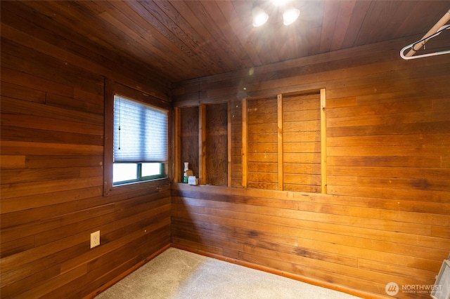 16757 Chilberg Ave, La Conner, WA 98257 - unfurnished room featuring a sauna / steam room, wooden walls, carpet, and wood ceiling