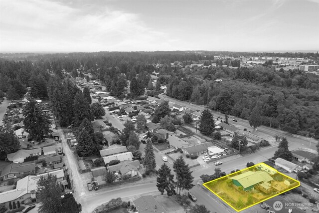 1350 S Woodlawn St, Tacoma, WA 98465 - aerial view of residential area with property boundaries highlighted and a heavily wooded area
