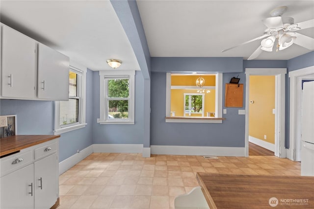 506 Douglas St, Wenatchee, WA 98801 - kitchen featuring a ceiling fan, white cabinetry, and baseboards