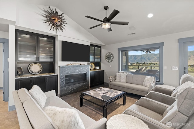 111 Wren Loop SW, Mattawa, WA 99349 - living room featuring ceiling fan, light colored carpet, a fireplace, recessed lighting, and high vaulted ceiling