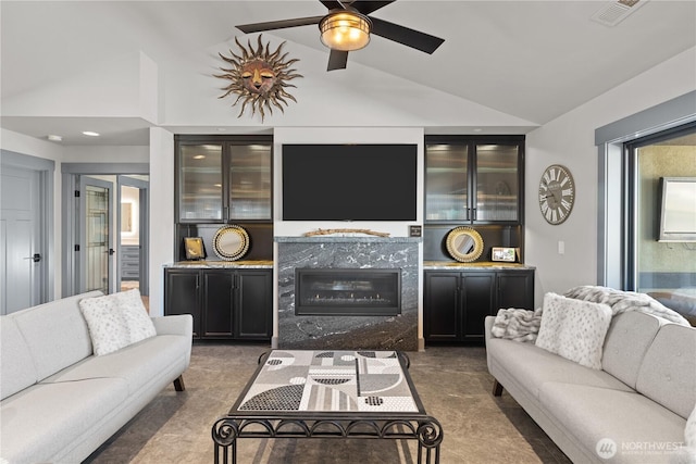 111 Wren Loop SW, Mattawa, WA 99349 - living room with ceiling fan, a high end fireplace, carpet flooring, and high vaulted ceiling