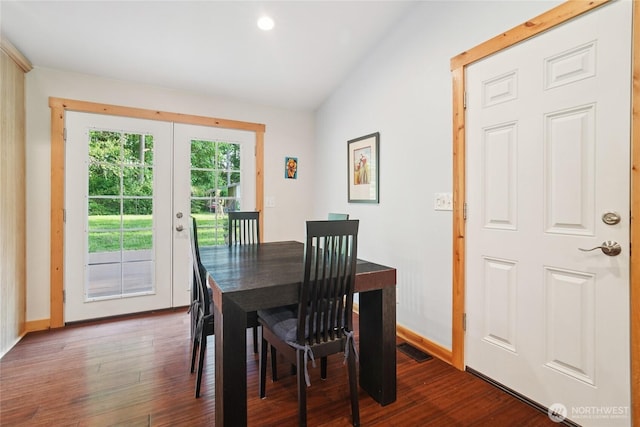 11924 210th St E, Graham, WA 98338 - dining area featuring dark wood-type flooring, baseboards, recessed lighting, and french doors