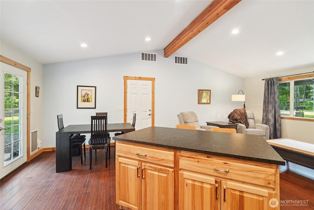 11924 210th St E, Graham, WA 98338 - kitchen with dark wood-style floors, recessed lighting, a kitchen island, and baseboards