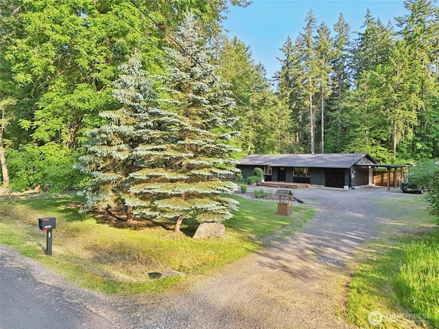 11924 210th St E, Graham, WA 98338 - view of front facade with dirt driveway, a carport, and a forest view