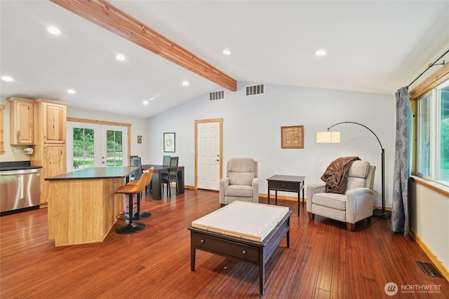 11924 210th St E, Graham, WA 98338 - living area featuring dark wood-type flooring, recessed lighting, baseboards, and french doors