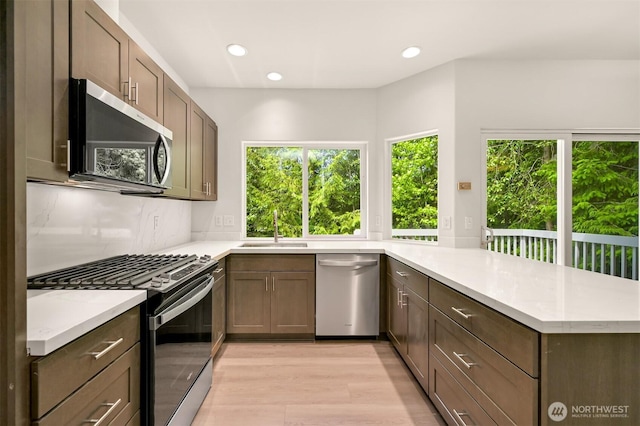 1999 Governor Rd, Bellingham, WA 98229 - kitchen featuring stainless steel appliances, a peninsula, light wood finished floors, light countertops, and recessed lighting