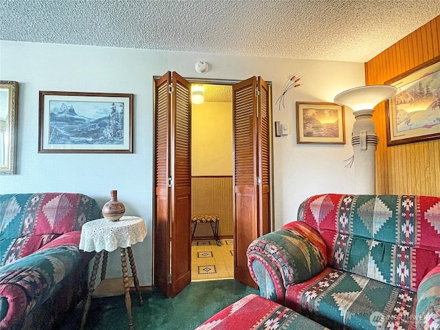2208 Sandra Ave, Centralia, WA 98531 - sitting room featuring a textured ceiling, carpet floors, and wooden walls