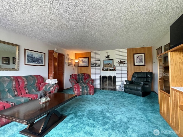 2208 Sandra Ave, Centralia, WA 98531 - living room with carpet floors, a fireplace, a textured ceiling, and wooden walls