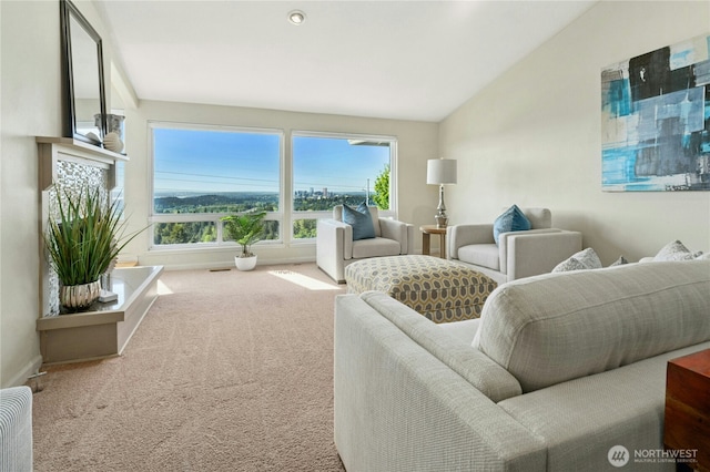 13712 SE 44th St, Bellevue, WA 98006 - living room featuring lofted ceiling, carpet floors, and baseboards