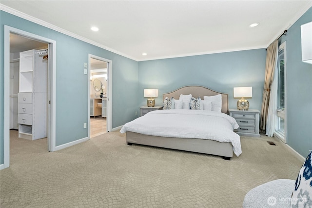13712 SE 44th St, Bellevue, WA 98006 - bedroom featuring a walk in closet, baseboards, ornamental molding, light colored carpet, and recessed lighting