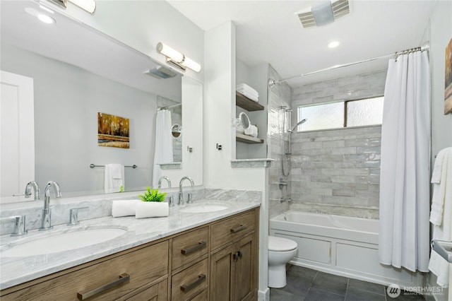 13712 SE 44th St, Bellevue, WA 98006 - bathroom with shower / bath combo with shower curtain, double vanity, tile patterned floors, and toilet