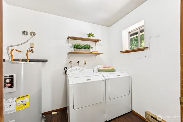 10320 46th Ave SE, Olympia, WA 98513 - laundry area with water heater, dark wood-type flooring, washer and clothes dryer, and a baseboard radiator