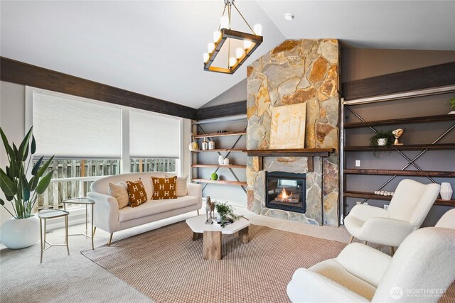 35681 30th Ave S, Federal Way, WA 98003 - living room with vaulted ceiling, carpet floors, a chandelier, and a fireplace
