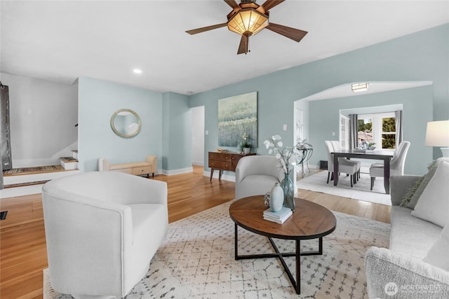 1814 SW 347th Pl, Federal Way, WA 98023 - living room featuring ceiling fan, light wood-style flooring, stairs, baseboards, and recessed lighting