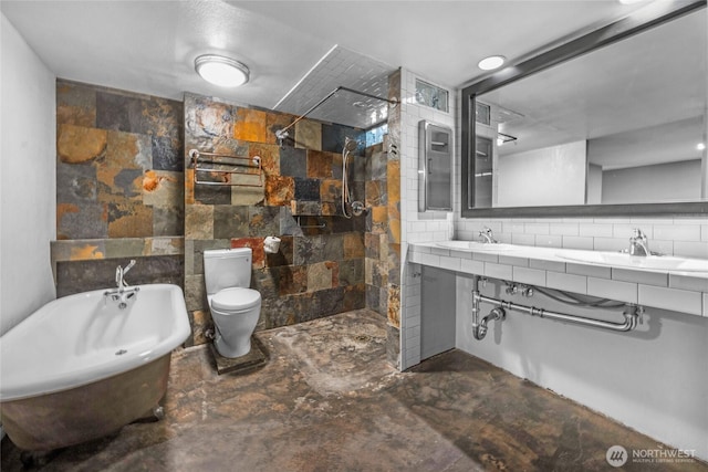 1814 SW 347th Pl, Federal Way, WA 98023 - full bath with double vanity, walk in shower, concrete flooring, a freestanding tub, and backsplash