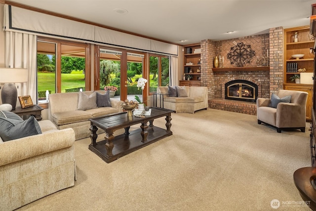 2805 Sahalee Dr E, Sammamish, WA 98074 - living area featuring crown molding, carpet flooring, a brick fireplace, and built in features