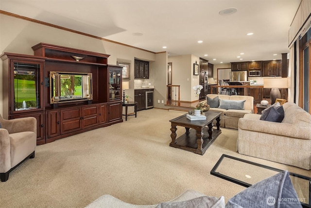 2805 Sahalee Dr E, Sammamish, WA 98074 - living room with light carpet, wine cooler, recessed lighting, and crown molding