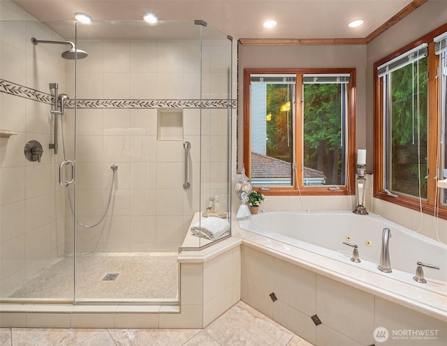 2805 Sahalee Dr E, Sammamish, WA 98074 - full bath with a shower stall, a whirlpool tub, recessed lighting, tile patterned floors, and ornamental molding