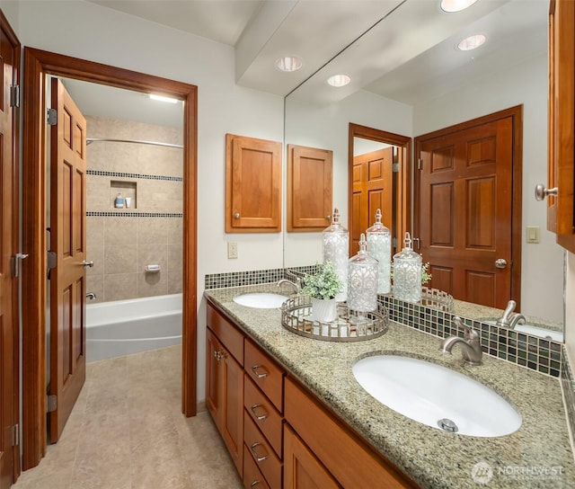 2805 Sahalee Dr E, Sammamish, WA 98074 - bathroom featuring double vanity, tile patterned flooring, shower / tub combination, and recessed lighting