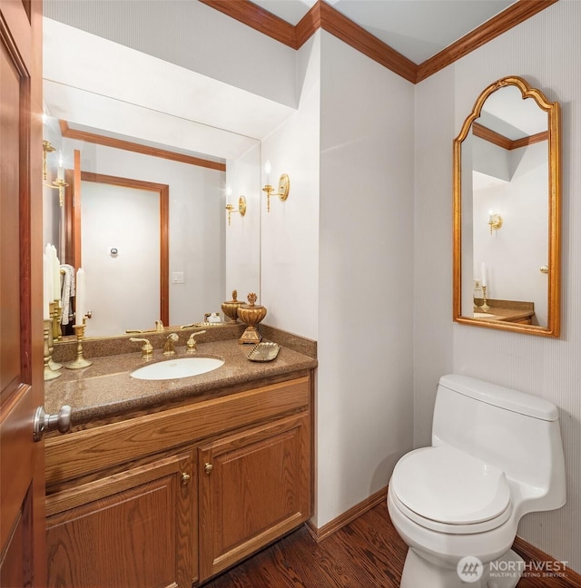 2805 Sahalee Dr E, Sammamish, WA 98074 - bathroom featuring ornamental molding, vanity, and wood finished floors