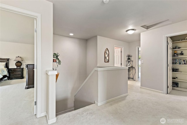 813 SW 363rd Pl, Federal Way, WA 98023 - corridor with an upstairs landing, carpet flooring, baseboards, attic access, and recessed lighting
