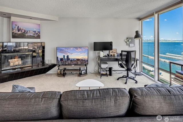 4561 Lake Washington Blvd NE Unit 303, Kirkland, WA 98033 - living room featuring carpet floors, expansive windows, a tiled fireplace, a textured ceiling, and a desk