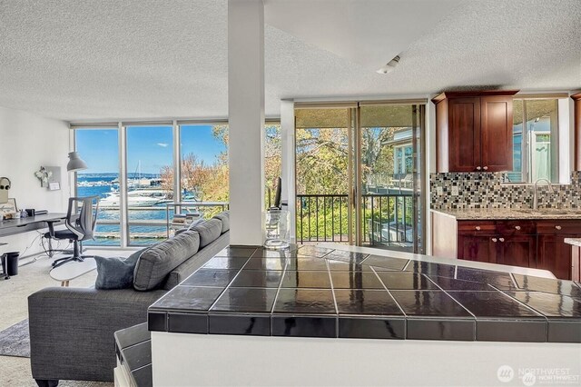 4561 Lake Washington Blvd NE Unit 303, Kirkland, WA 98033 - kitchen featuring a textured ceiling, a sink, reddish brown cabinets, open floor plan, and healthy amount of natural light