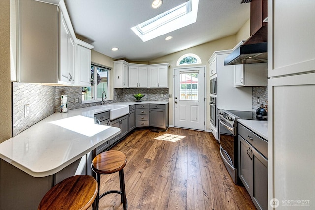 300 Fircrest Dr, Sequim, WA 98382 - kitchen featuring appliances with stainless steel finishes, wall chimney exhaust hood, a sink, a skylight, and gray cabinetry