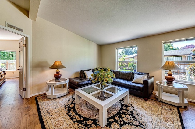 300 Fircrest Dr, Sequim, WA 98382 - living room featuring hardwood / wood-style flooring, healthy amount of natural light, baseboards, vaulted ceiling, and a textured ceiling