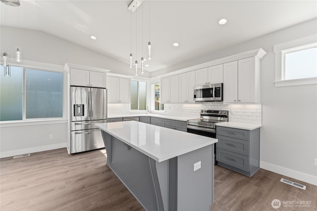 200 Pinnacle Pl, Chelan, WA 98816 - kitchen with stainless steel appliances, gray cabinets, tasteful backsplash, light countertops, and wood finished floors