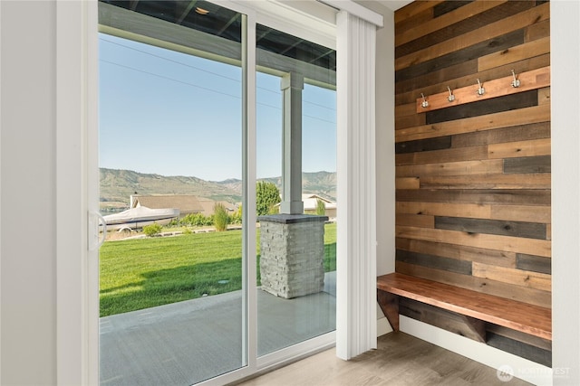 200 Pinnacle Pl, Chelan, WA 98816 - doorway to outside with a mountain view, wood finished floors, and wood walls
