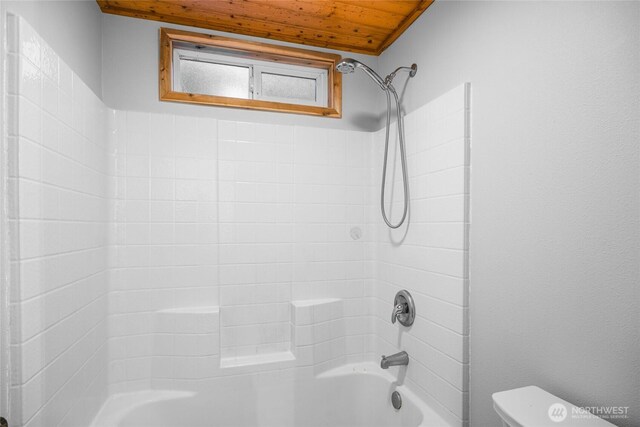 17118 Riverview Way E, Enumclaw, WA 98022 - full bathroom with wood ceiling, toilet, and shower / bathtub combination