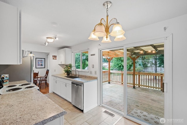 2433 199th Pl SW, Lynnwood, WA 98036 - kitchen featuring stainless steel dishwasher, a sink, a chandelier, and light countertops