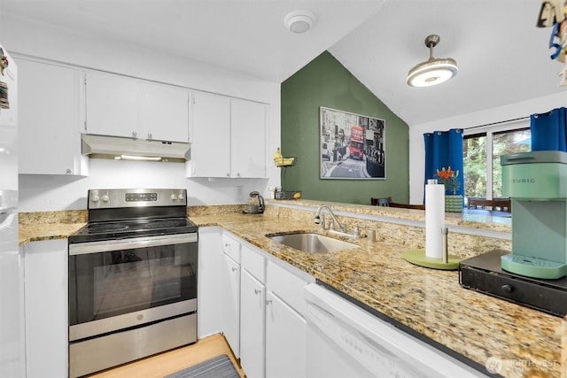 15370 62nd Ave S Unit B4, Tukwila, WA 98118 - kitchen with stainless steel range with electric stovetop, under cabinet range hood, a sink, vaulted ceiling, and white dishwasher