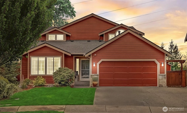 22506 SE 277th Pl, Maple Valley, WA 98038 - chalet / cabin with asphalt driveway, an attached garage, and a shingled roof