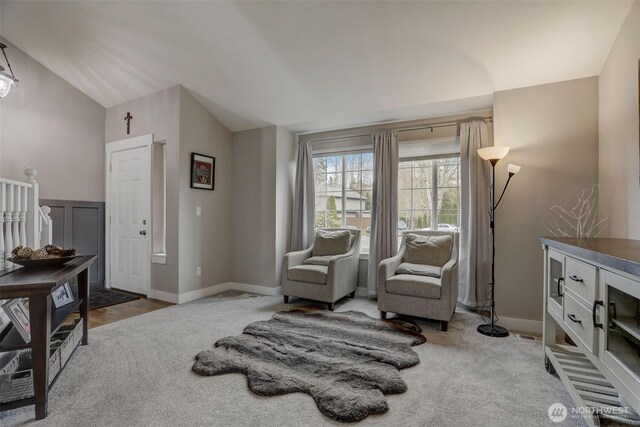 22506 SE 277th Pl, Maple Valley, WA 98038 - living area featuring carpet, vaulted ceiling, and baseboards