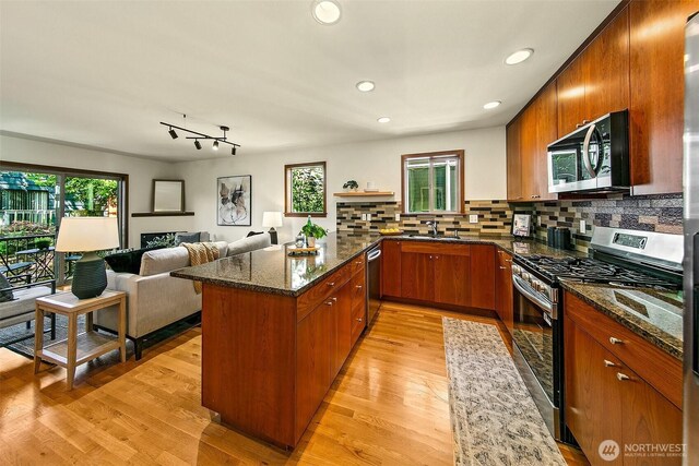 2648 NW 57th St Unit A, Seattle, WA 98107 - kitchen featuring stainless steel appliances, a sink, a peninsula, brown cabinetry, and healthy amount of natural light