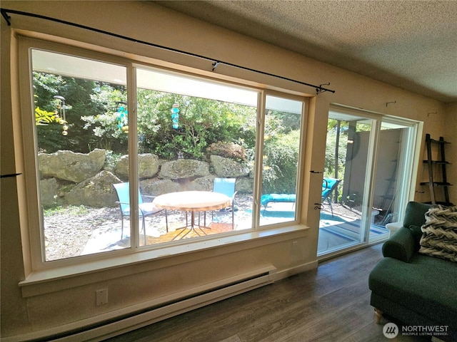 7924 212th St SW Unit 104, Edmonds, WA 98026 - doorway to outside featuring a baseboard heating unit, dark wood finished floors, and a textured ceiling