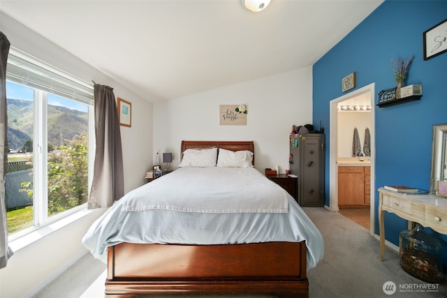 14617 Diamond Ave, Entiat, WA 98822 - bedroom featuring light carpet, lofted ceiling, a mountain view, and ensuite bathroom