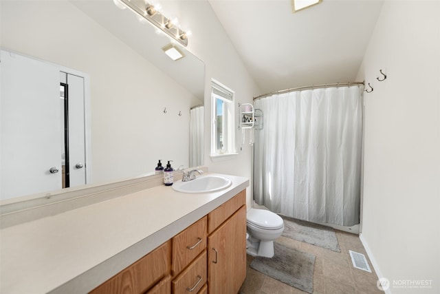 14617 Diamond Ave, Entiat, WA 98822 - bathroom with vanity, toilet, lofted ceiling, and a shower with curtain