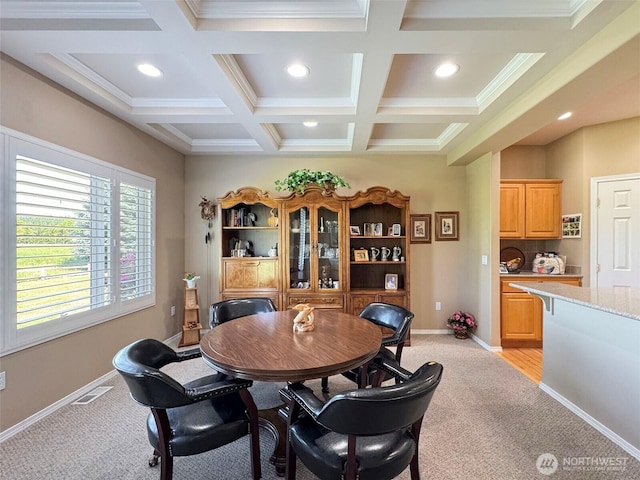 40 Cascadia Loop, Sequim, WA 98382 - dining room with light carpet, coffered ceiling, recessed lighting, beam ceiling, and baseboards