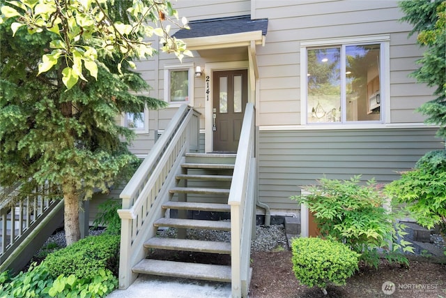 2141 NW Boulder Way Dr, Issaquah, WA 98027 - view of exterior entry with a shingled roof