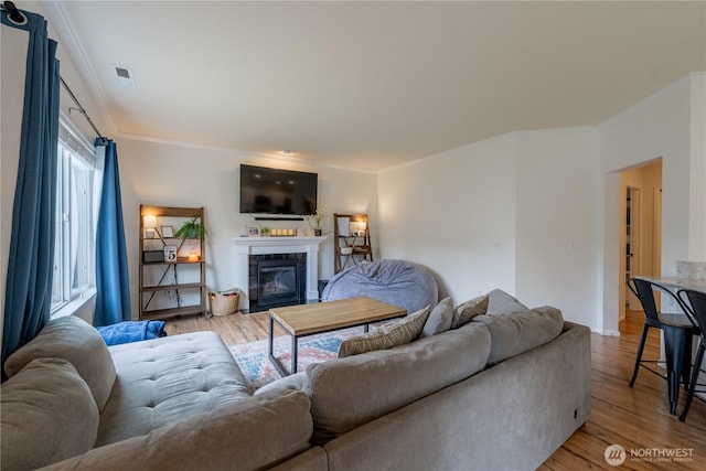 7615 14th St SE, Lake Stevens, WA 98258 - living room featuring ornamental molding, light wood-type flooring, and a glass covered fireplace