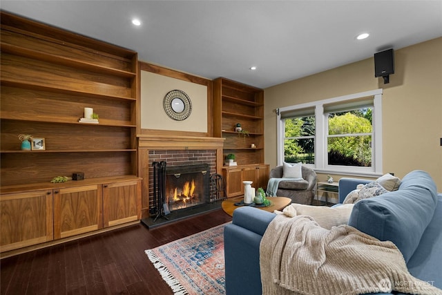 3536 Arbor St, Bellingham, WA 98229 - living area featuring a fireplace, dark wood-type flooring, recessed lighting, and built in features