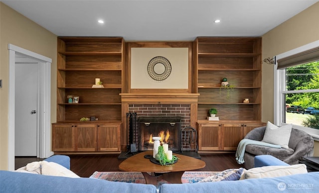 3536 Arbor St, Bellingham, WA 98229 - living room with dark wood-style floors, a fireplace, recessed lighting, and built in shelves